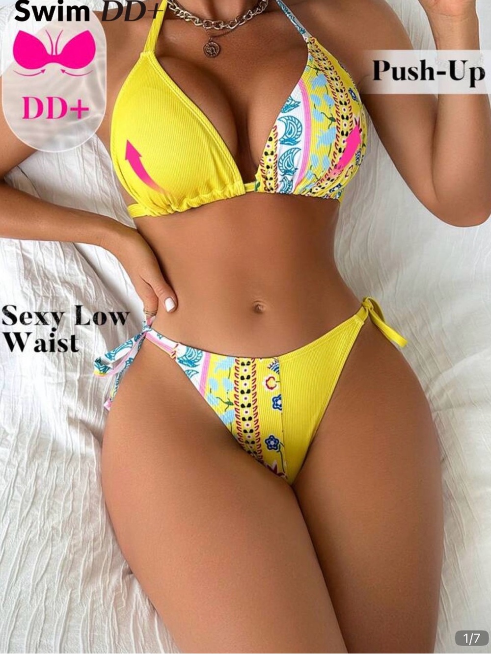 SHEIN Yellow Tie-Side Push-Up Bikini with Patterned Panels